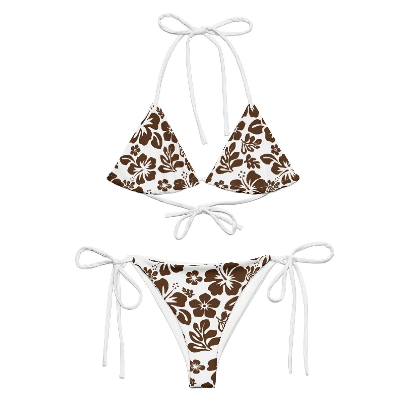 Brown on White Hawaiian Flowers String Bikini