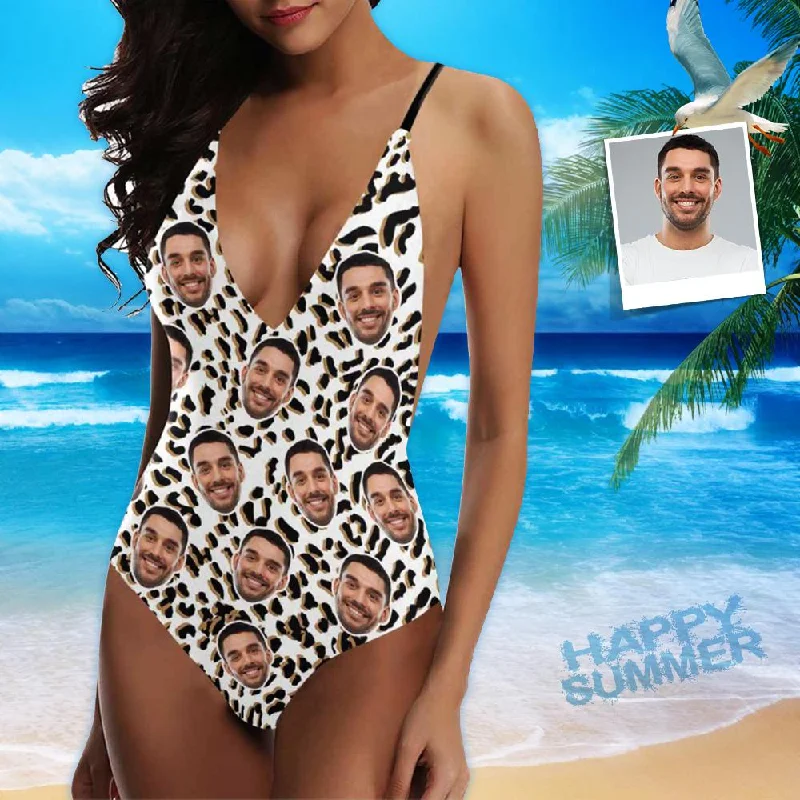 Custom Boyfriend/Husband Face Swimsuit Leopard Personalized Women's One-Piece Bathing Suit Honeymoons Party