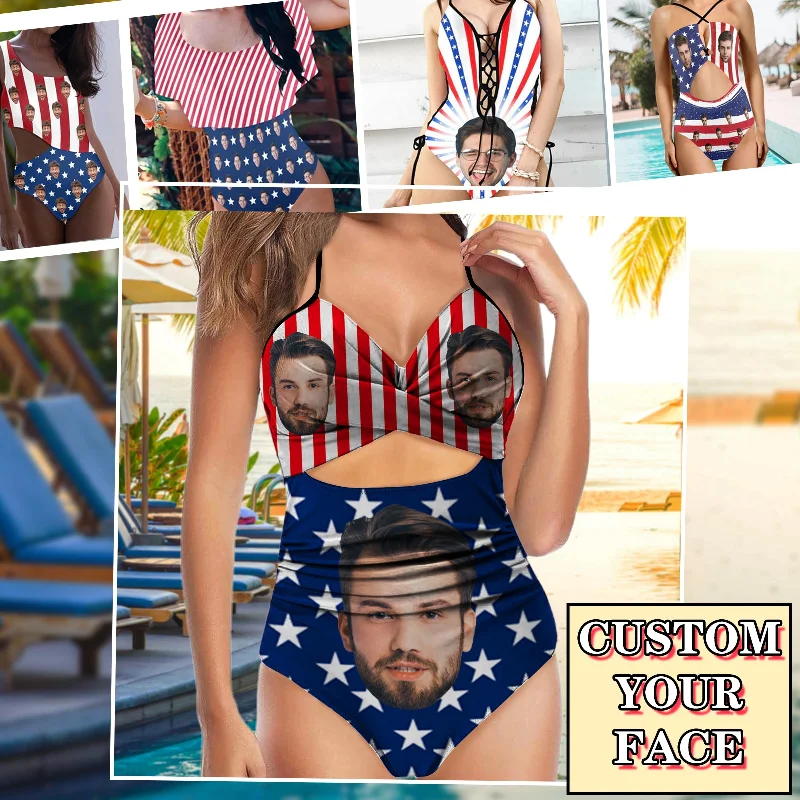 Custom Face Backless Swimsuit Personalized Face Flag Women's Front Cutout One Piece Swimsuit