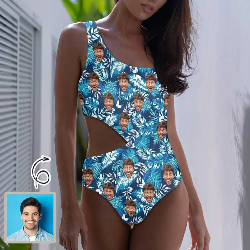 Custom Face Blue Leaves Women's Off Shoulder Side Cutout One Piece Swimsuit Personalized Photo Bathing Suit