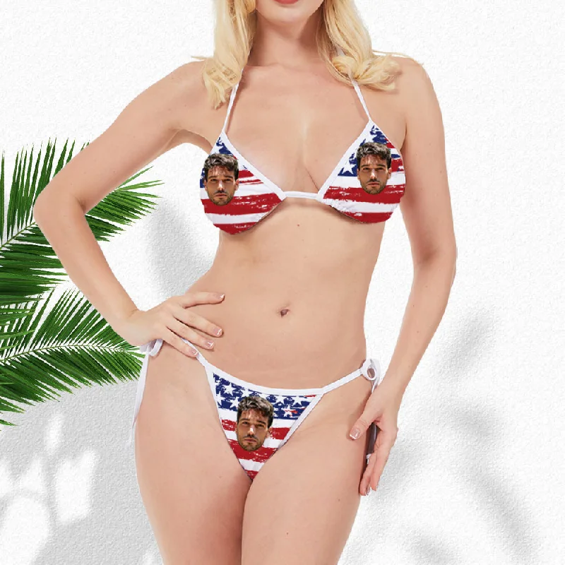 Custom Face Flag Print Tie Side Bikini Swimsuit