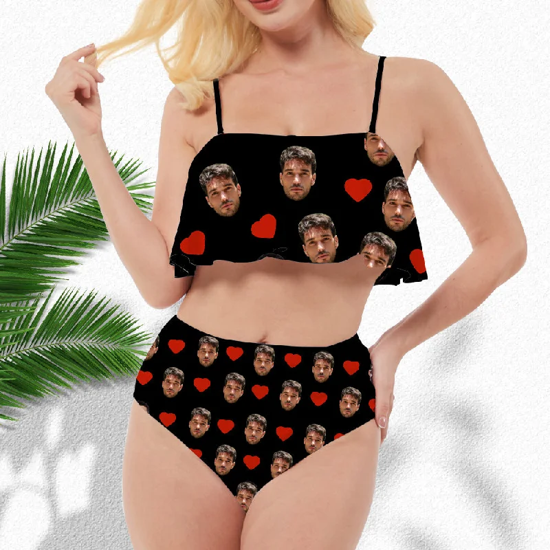 Custom Face Red Heart Ruffle Swimsuit