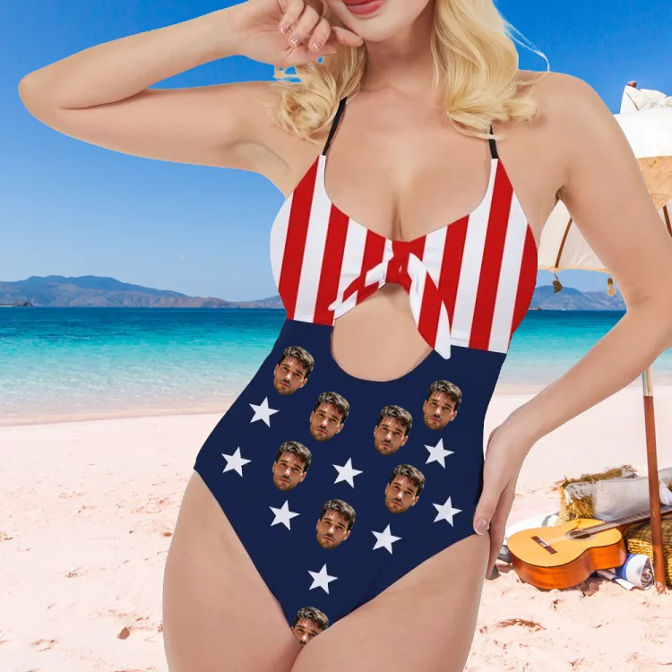 Custom Flag Backless Bow Face Swimsuit