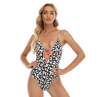 Deep V Double Shoulder Open Back Swimsuit