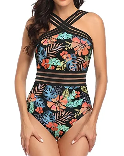 Flattering Slimming Silhouette Sexy One Piece Swimsuits-Black Red Flower