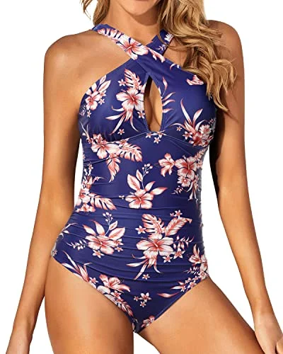 Flattering Women One Piece Front Cross Keyhole Swimsuits-Blue Flowers