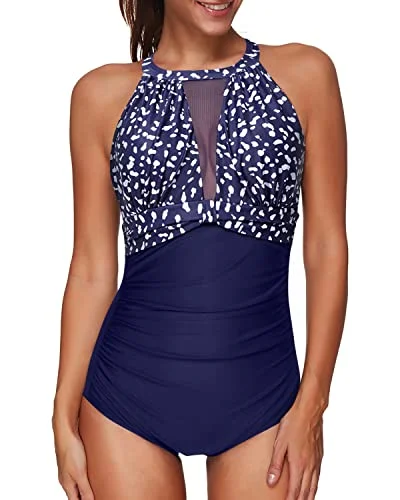 High Neck Mesh Plunge Monokini Bathing Suit Women One Piece Swimsuit-Navy Blue Dots