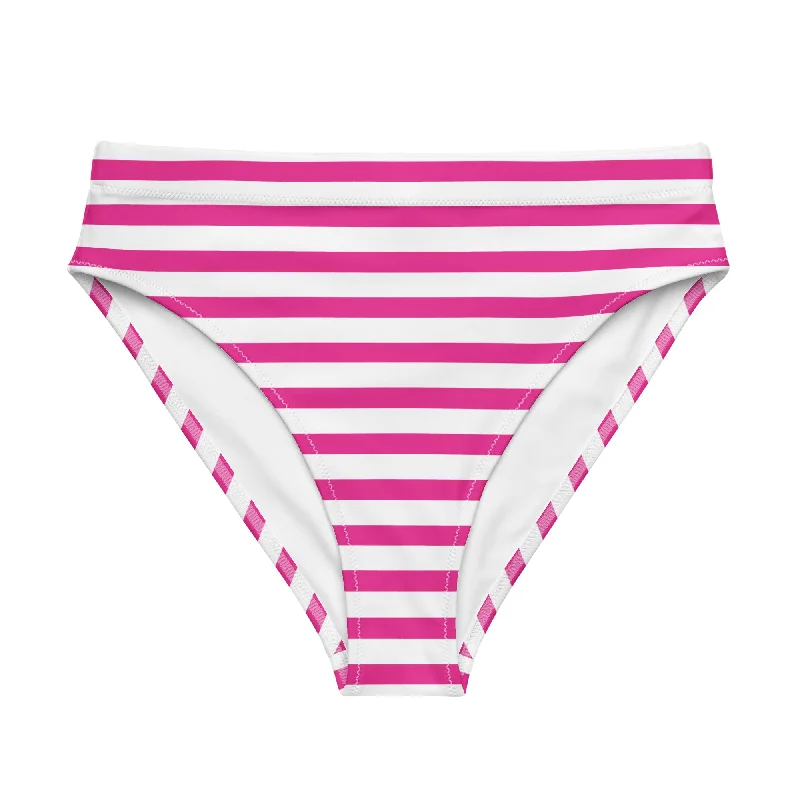 Hot Pink and White Beach Stripes High Waisted Bikini Bottom