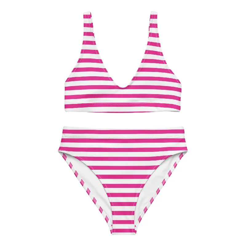 Hot Pink and White Beach Stripes High Waisted Bikini