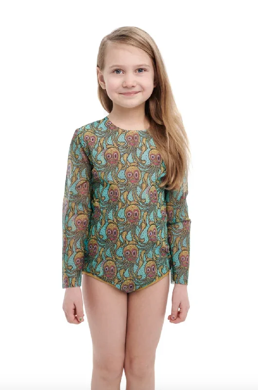 KID's girl's  One-piece swimsuit with sleeves OCTOPUS