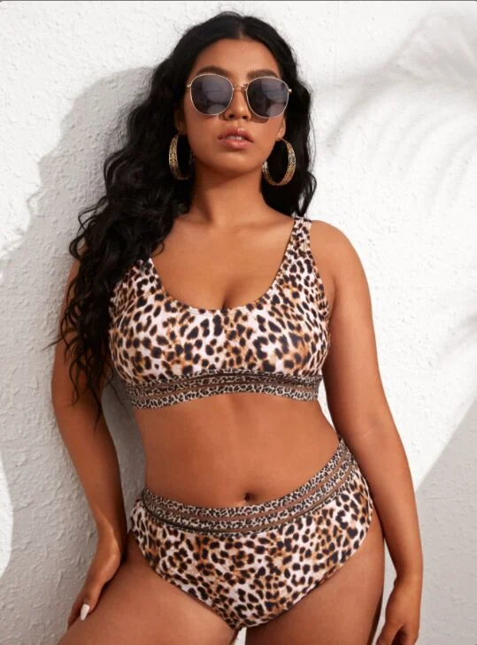 Upopby Leopard Print U-Neck Belly Control Two-Piece Swimsuit