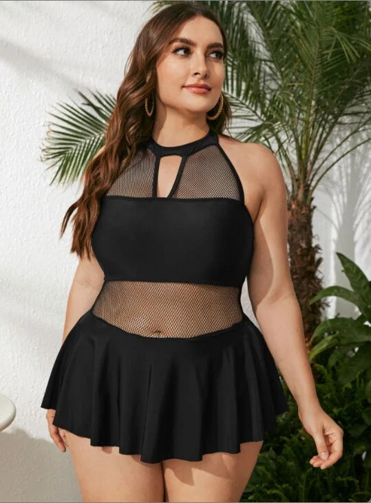 Upopby Mesh Hollow Halter Pleated Skirted One-Piece Swimsuit