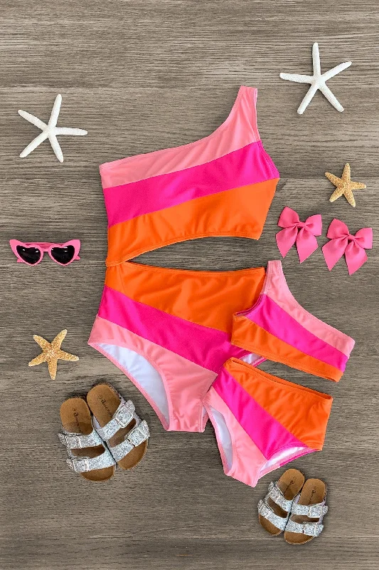 Mom & Me - Pink & Orange Striped Swimsuit