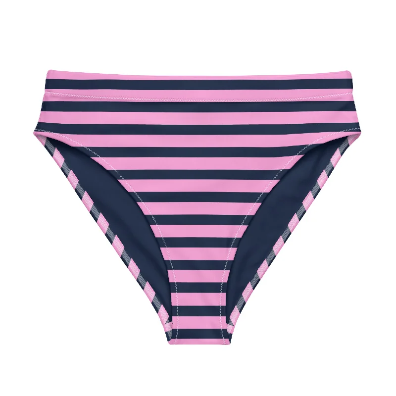 Navy Blue and Pink Beach Stripes High Waisted Bikini Bottom