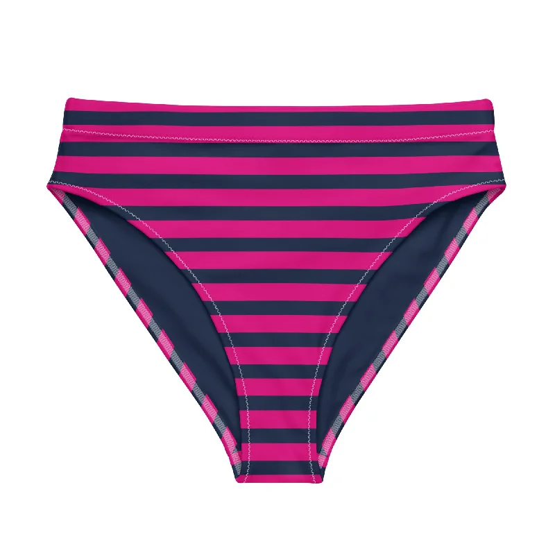 Navy Blue and Violet Red Beach Stripes High Waisted Bikini Bottom