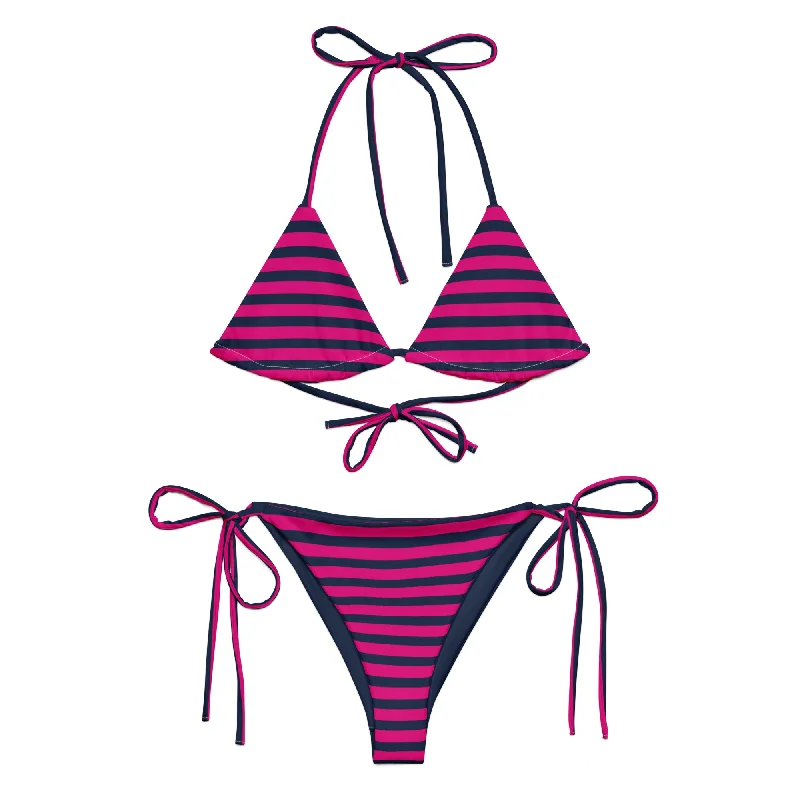 Navy Blue and Violet Red Classic Beach Stripes String Bikini