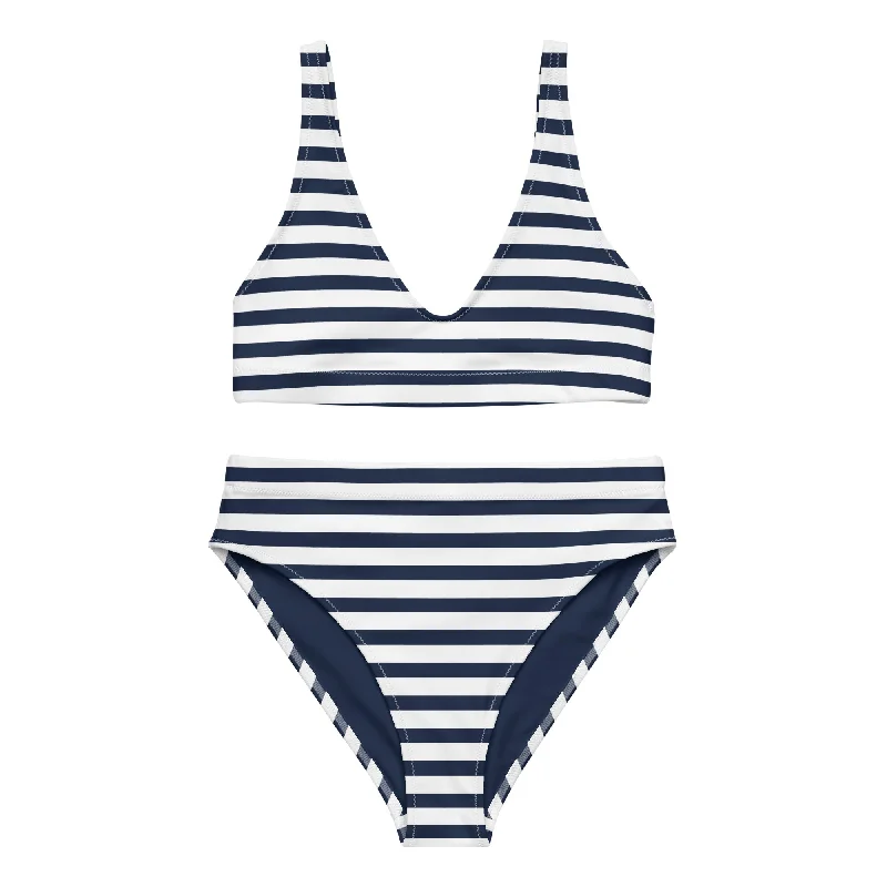 Navy Blue and White Beach Stripes High Waisted Bikini