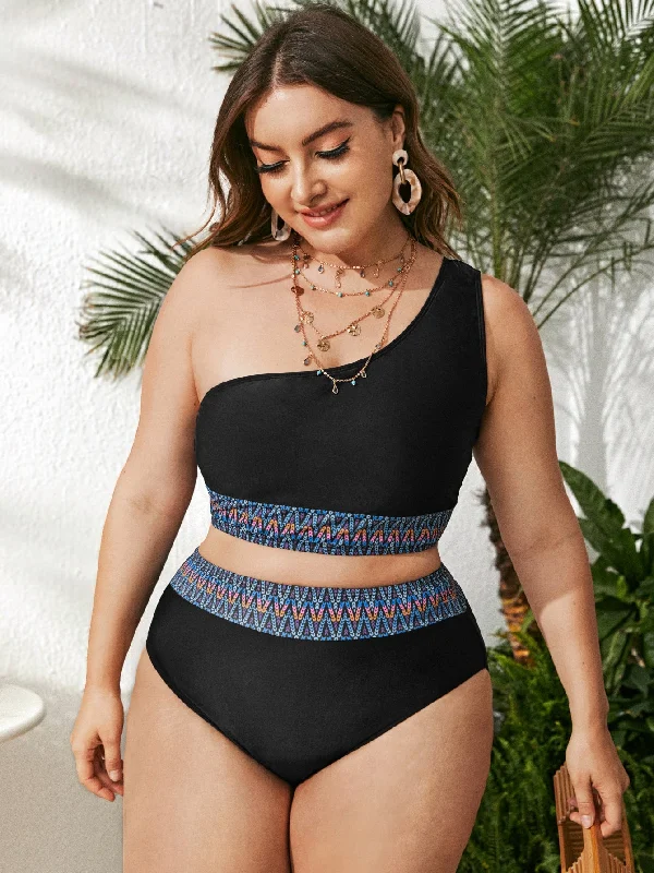 Upopby One-Shoulder Black Two-Piece High Waist Swimsuit