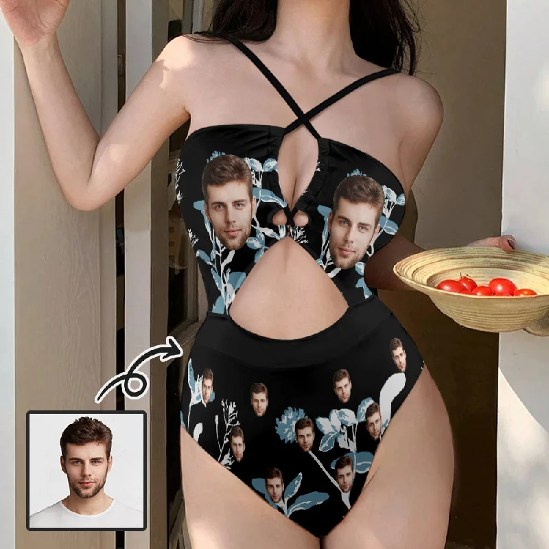 Personalized Face Women's Cutout One Piece Swimsuit Custom Face Black Cross Strap Backless Bathingsuit