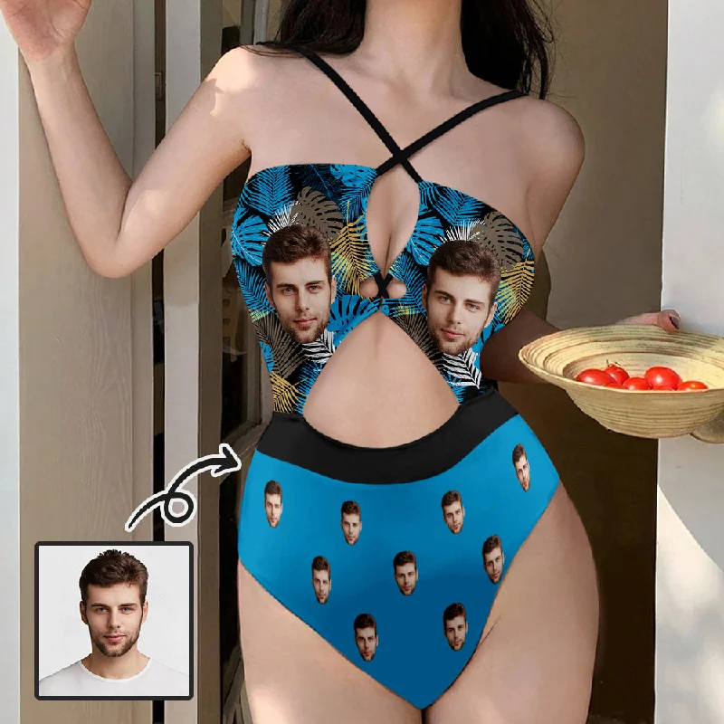 Personalized Face Women's Cutout One Piece Swimsuit Custom Face Blue Cross Strap Backless Bathingsuit