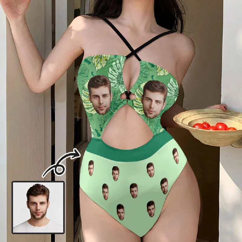 Personalized Face Women's Cutout One Piece Swimsuit Custom Face Green One Piece Bathingsuit