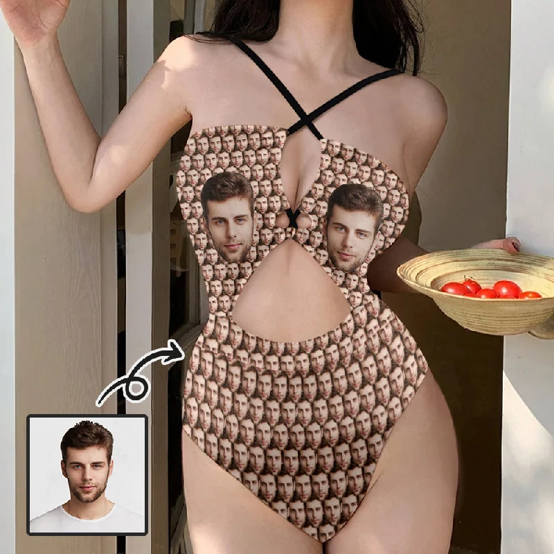 Personalized Face Women's Cutout One Piece Swimsuit Custom Seamless Multiface Cross Strap Backless Bathingsuit