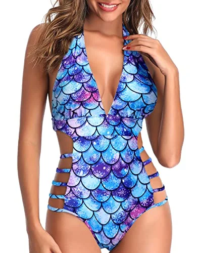 High Leg Cut Out String Swimwear Backless One Piece Swimsuits-Blue-Purple Mermaid Scales