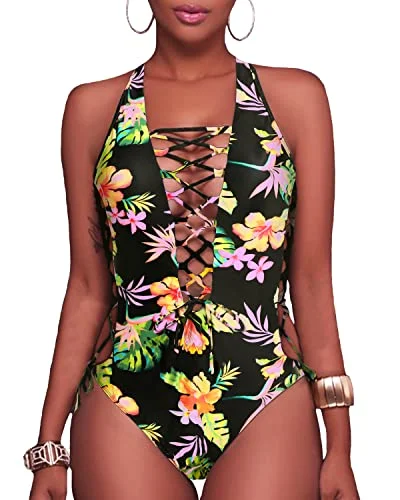 Criss Cross Strappy Cutout Thong One Piece Swimsuits-Black Yellow Flower