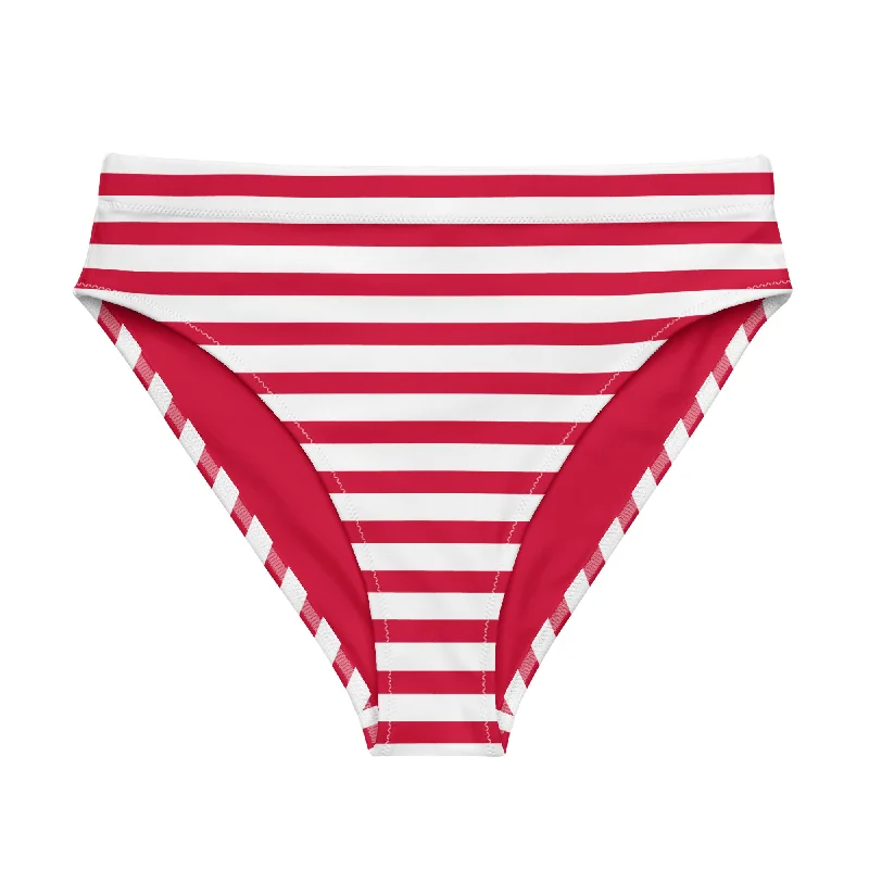 Red and White Beach Stripes High Waisted Bikini Bottom