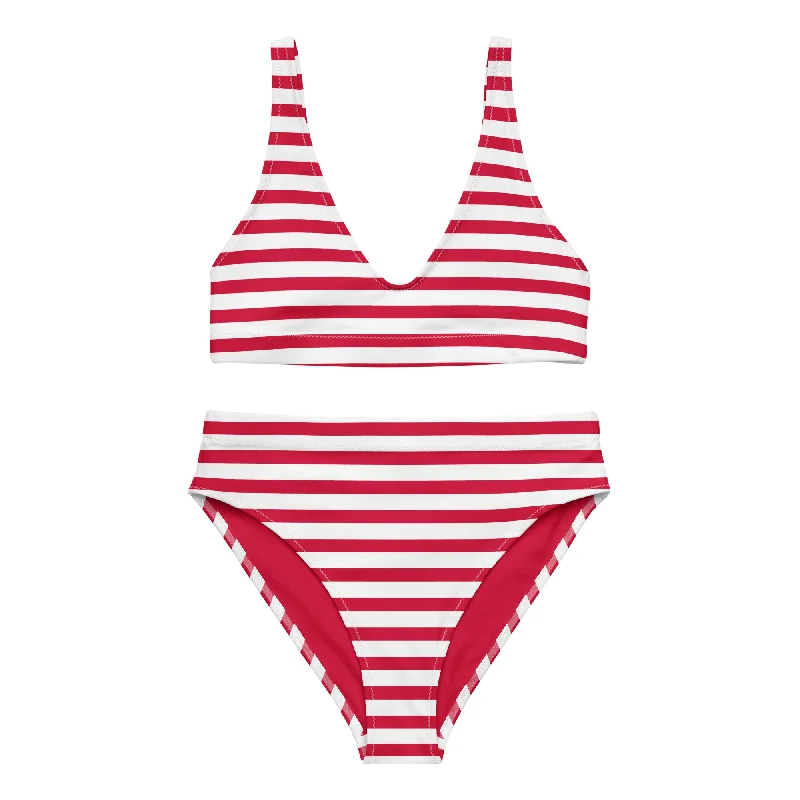 Red and White Beach Stripes High Waisted Bikini