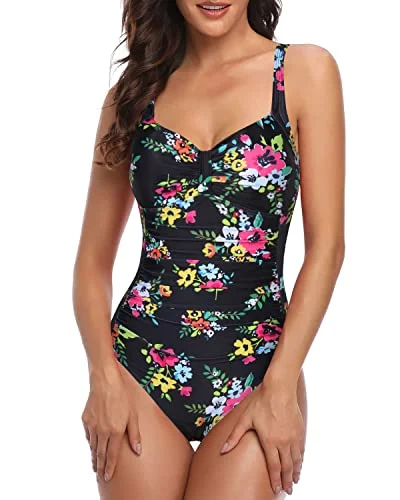 Flattering Ruched Pattern Long Torso Swimsuits For Women-Black Floral