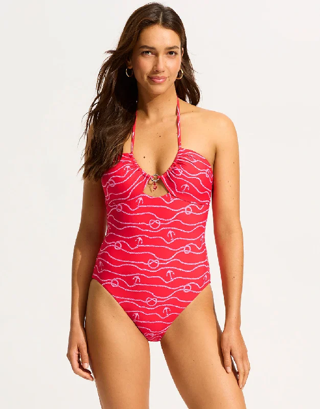 Set Sail Drawstring Halter Swimsuit - Chilli Red