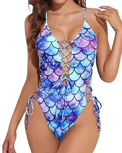 Flattering Lace Up Bathing Suits Womens 1 Piece Swimsuits-Blue-Purple Mermaid Scales