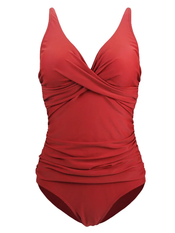 Upopby Deep V-neck Pleated Solid One-Piece Swimsuit