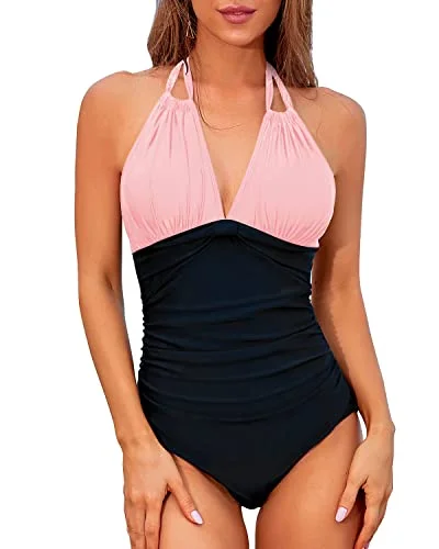 Halter Bathing Suits Tummy Control Backless Swimwear-Pink And Black