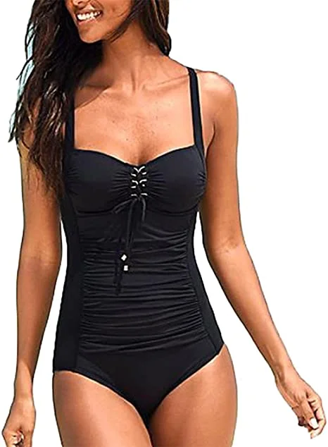 Upopby Belly Pleated One-piece Swimsuit Solid Suit