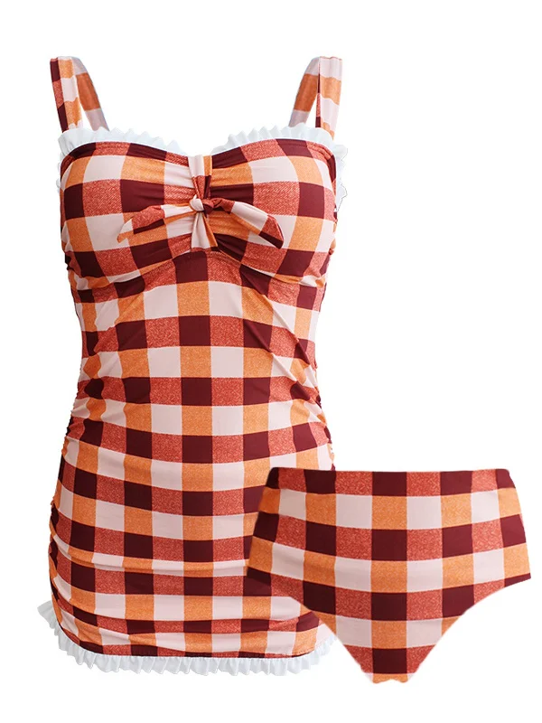 Upopby Plaid Ruffled Lace One-Piece Swimsuit + Panties