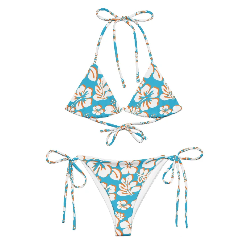 White, Aqua Blue and Orange Hawaiian Flowers String Bikini