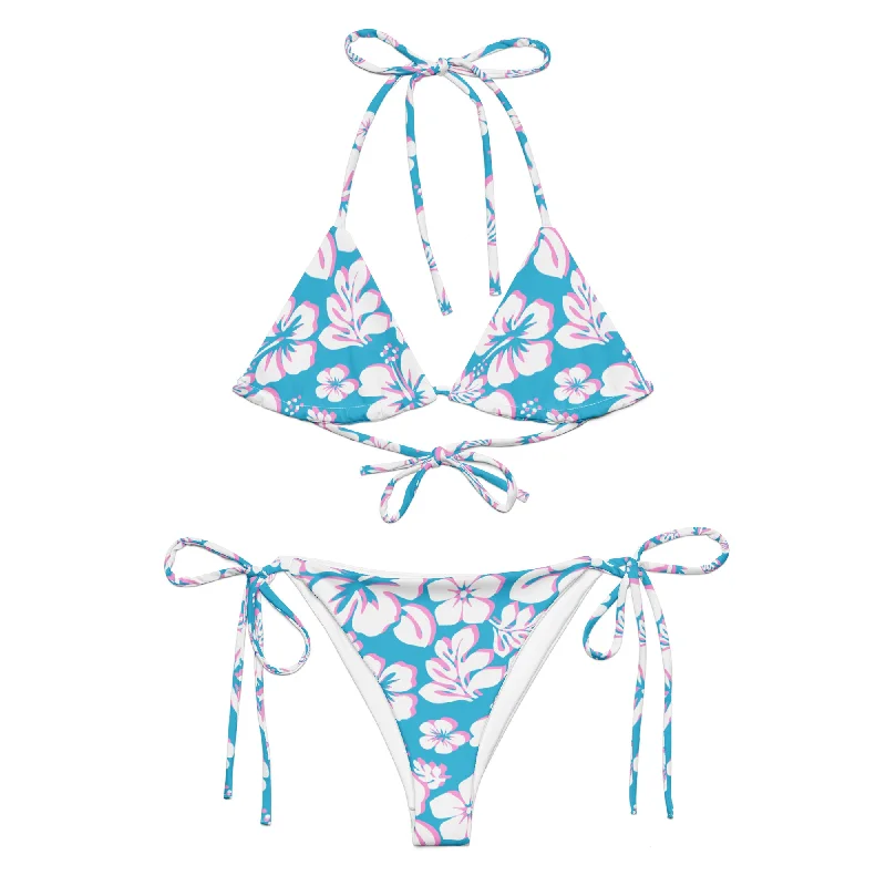 White, Aqua Blue and Pink Hawaiian Flowers String Bikini