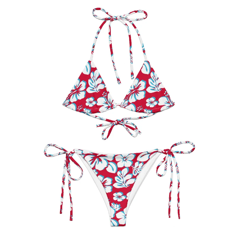 White, Aqua Blue and Red Hawaiian Flowers String Bikini