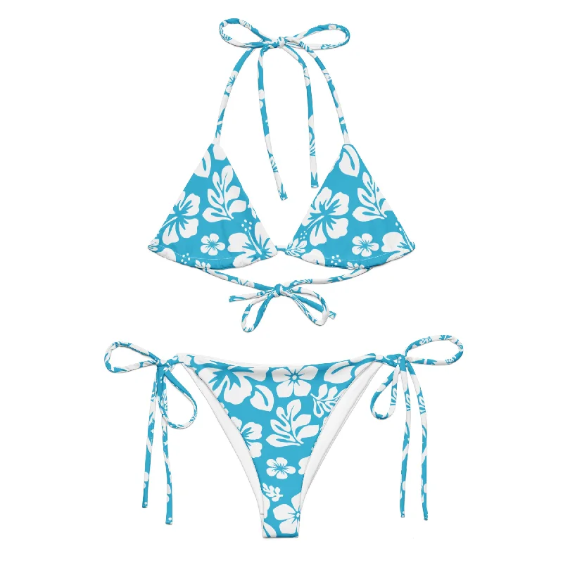 White Hawaiian Flowers on Aqua Ocean Blue String Bikini