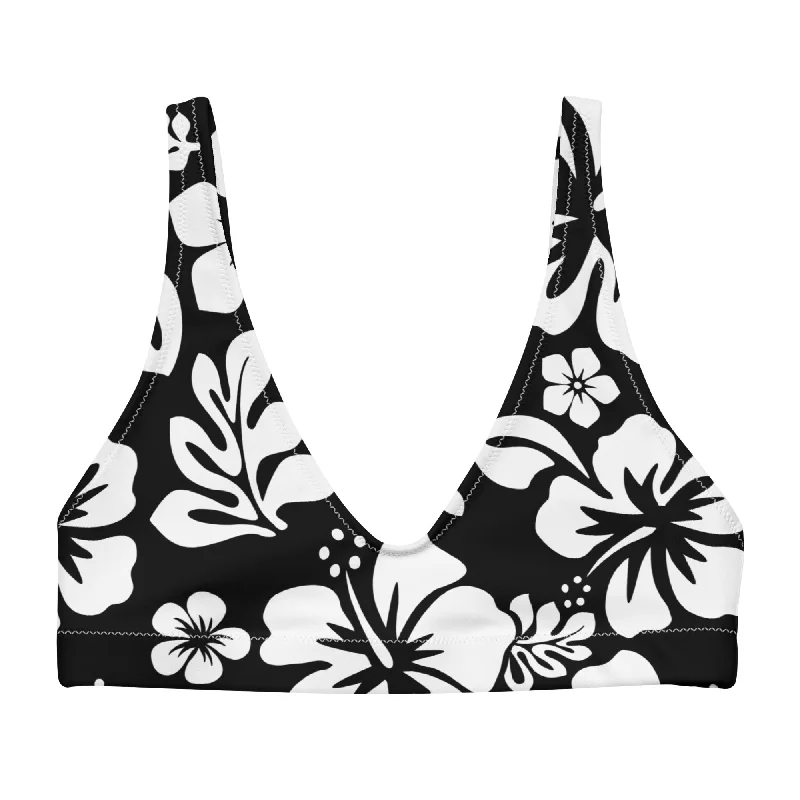 White Hawaiian Hibiscus Flowers on Black Halter Bikini Top