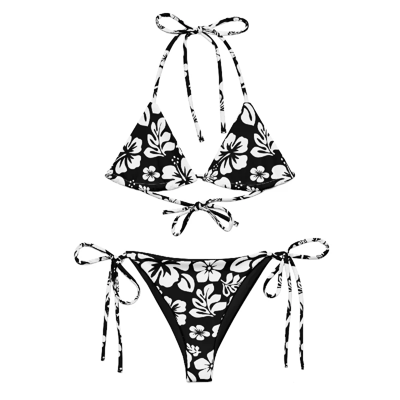 White Hawaiian Flowers on Black String Bikini