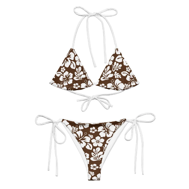 White Hawaiian Flowers on Brown String Bikini