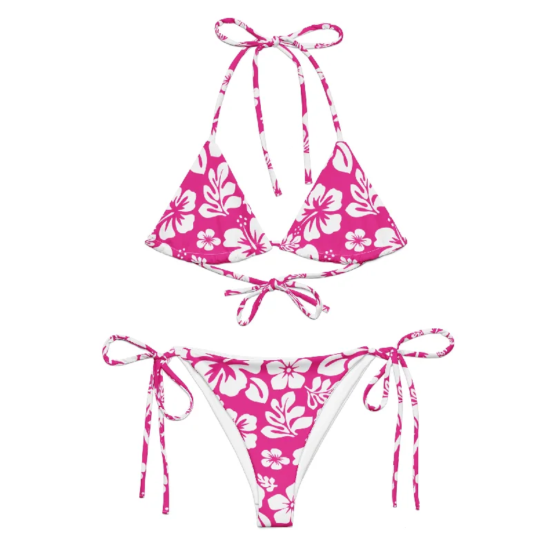 White Hawaiian Flowers on Hot Pink String Bikini