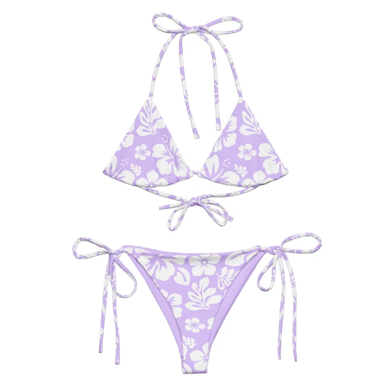 White Hawaiian Flowers on Lavender String Bikini