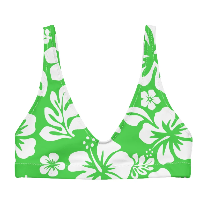 White Hawaiian Flowers on Lime Green Halter Bikini Top