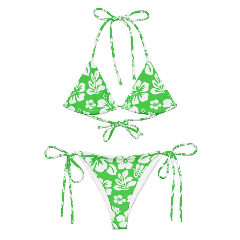 White Hawaiian Flowers on Lime Green String Bikini