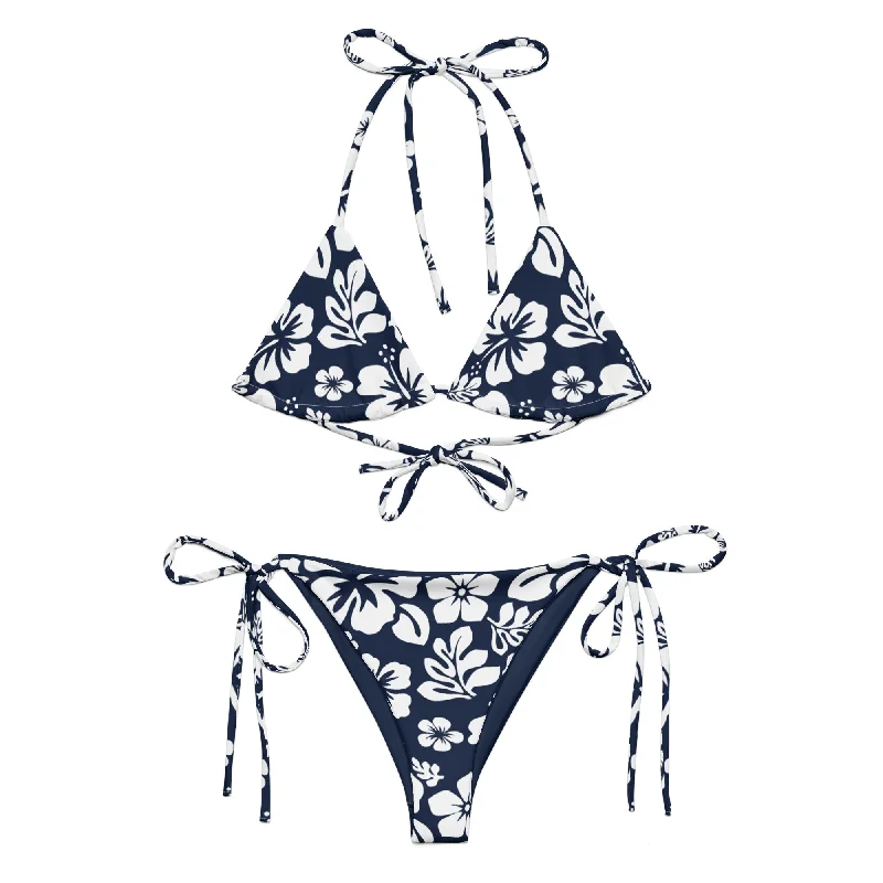 White Hawaiian Flowers on Navy Blue String Bikini