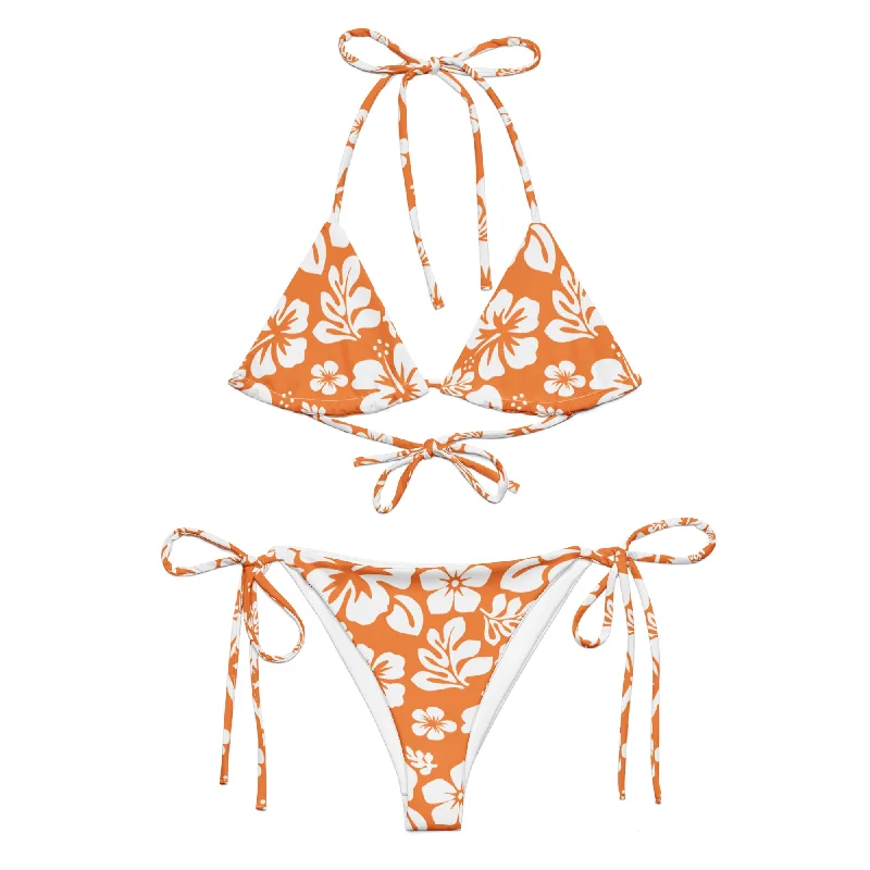 White Hawaiian Flowers on Orange String Bikini